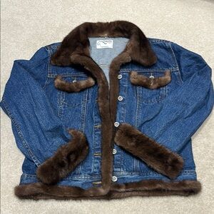 Augustina Carmel by the sea, Wearable Art Denim Jacket with Mink Trim.